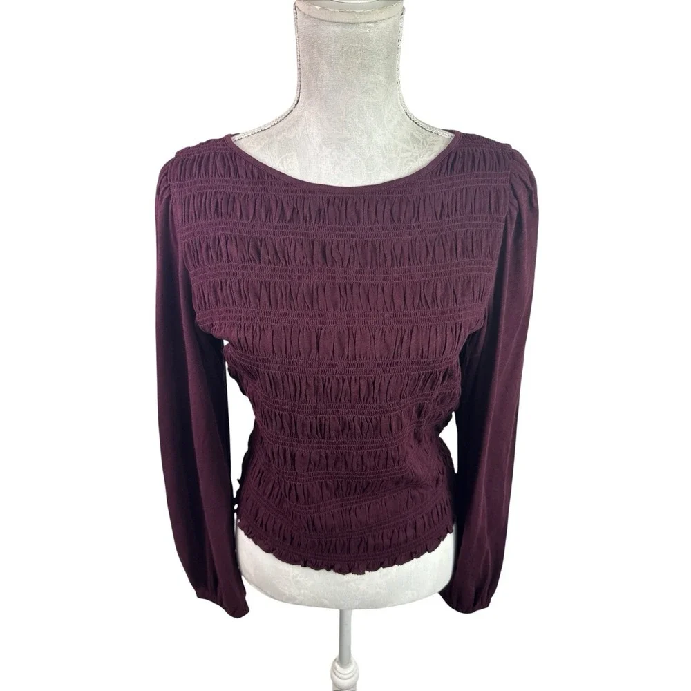 Madewell‎ Women's L New Puff LS Smocked Knit Top Blouse Burgundy